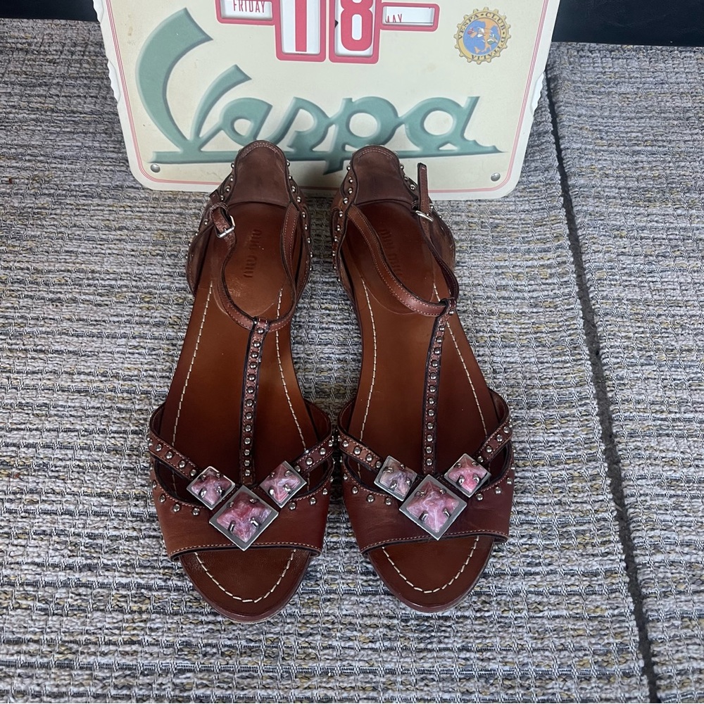Miu Miu Bejeweled T-Strap Brown Leather Sandals - Picture 3 of 11